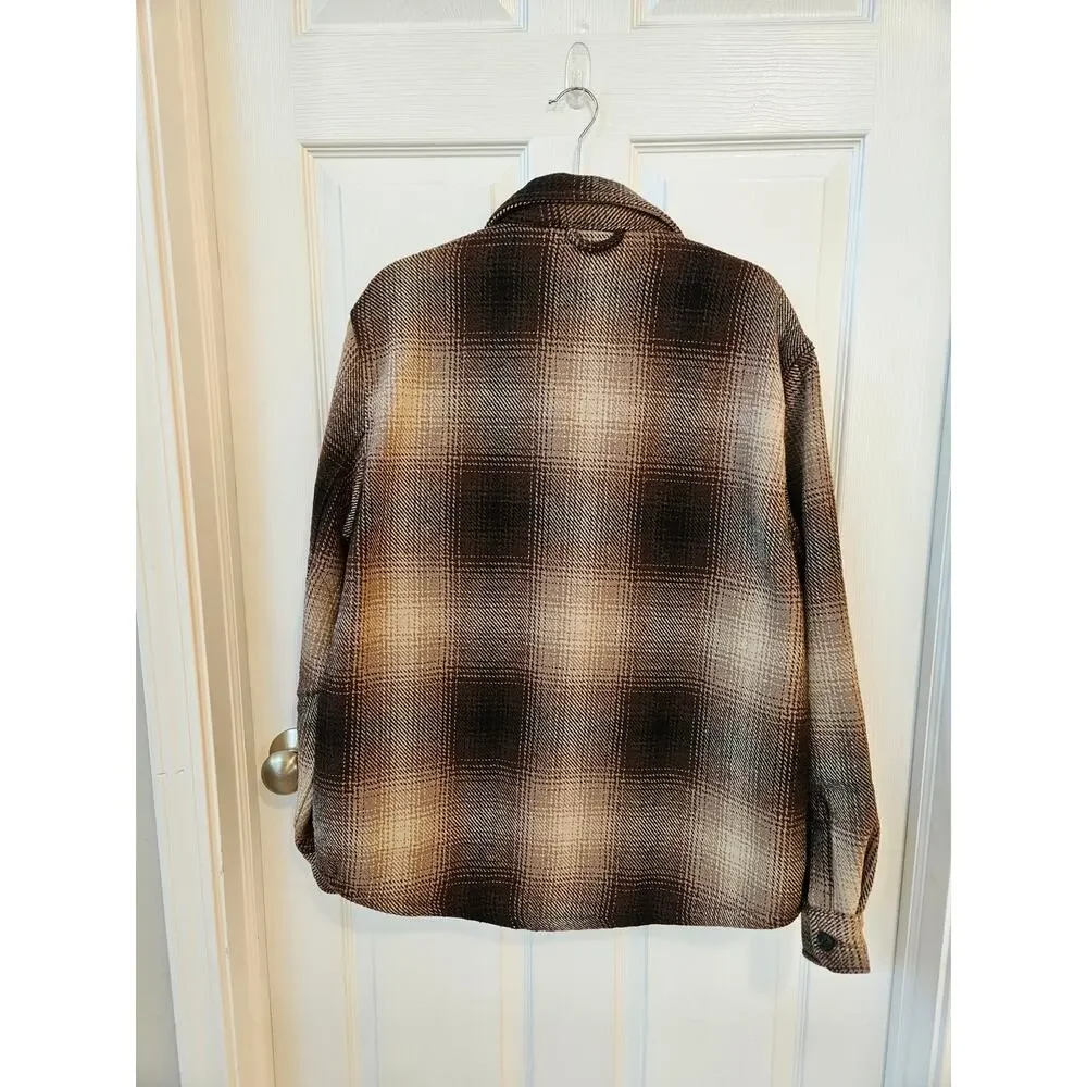 Jachs New York Mens Large Plaid Shirt Jacket Brown Wool Blend Button Front Lined